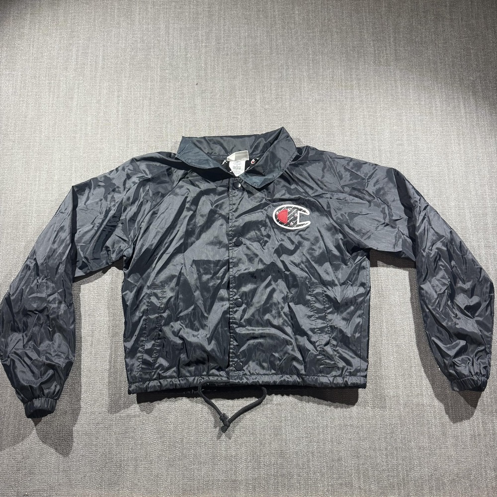 Champion Jacket Mens Small Black Coach Windbreaker Lined Snap Front Logo Back